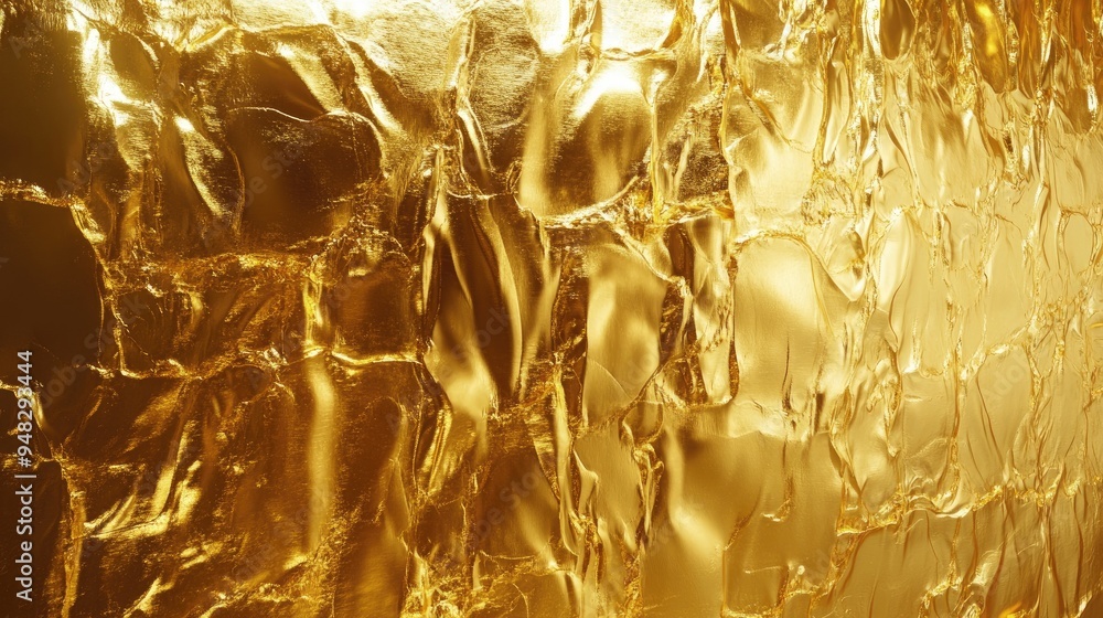 Poster glittering gold foil backdrop with reflective light textured golden wall 3d rendering luxurious shin