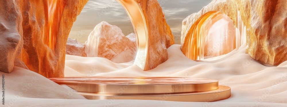 Aufkleber abstract sand dune cliffs with a metallic podium platform surreal natural landscape of a desert feat