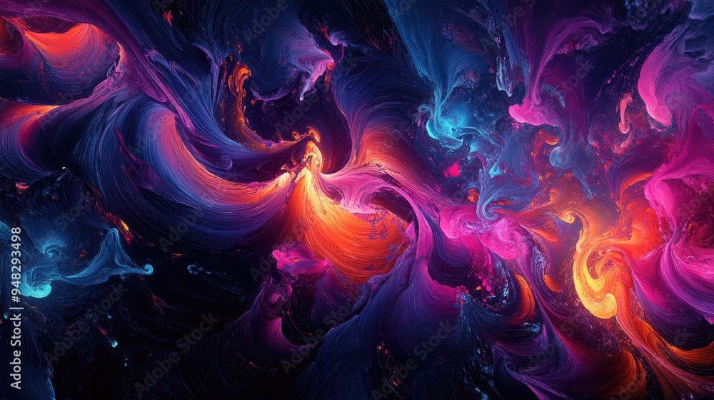 Poster vibrant multicolored computer generated artwork set against a dark background