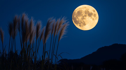 Fototapeta premium 夕暮れに昇る黄金のススキと月
