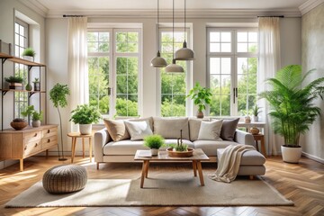 Fototapeta premium Calm Scandinavian living room featuring a light beige sofa, natural textiles, and minimalist decor, surrounded by large windows and lush greenery outside.
