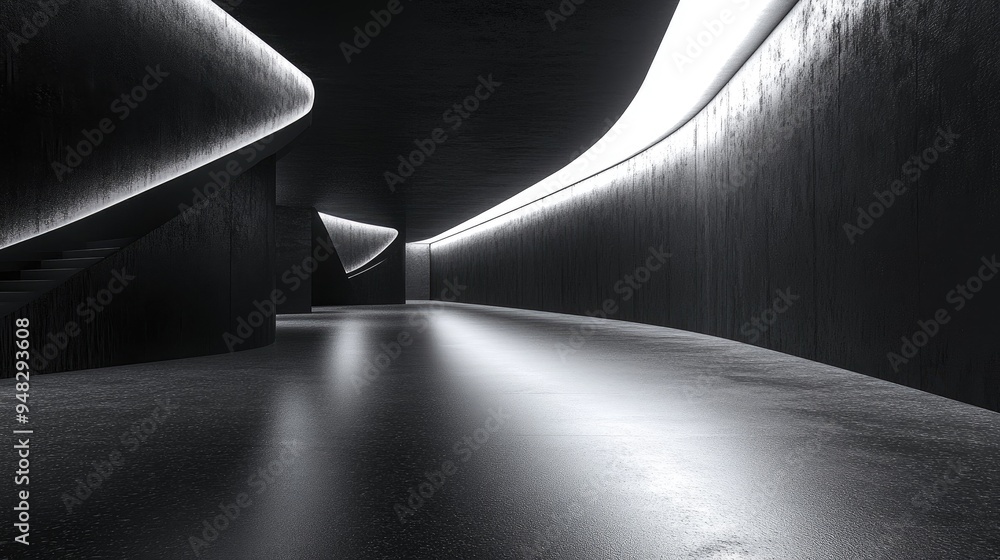 Aufkleber Modern abstract architecture with a black background featuring an empty open space interior 3D rendering
