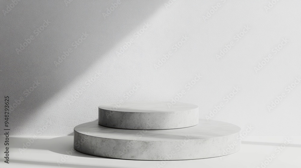Poster Abstract minimalistic scene featuring geometric concrete pedestals on a white background designed for cosmetic product presentation Mockup showcasing empty space 3D rendering
