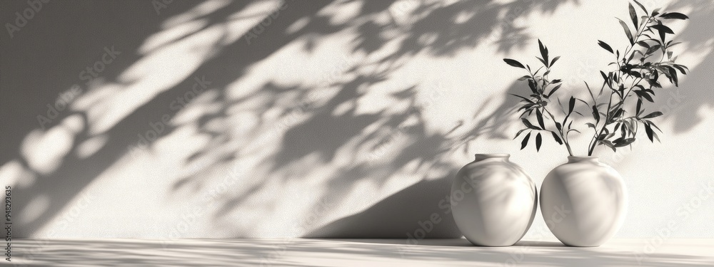 Poster Monochromatic backdrop featuring vases shadows of trees and natural light 3D render