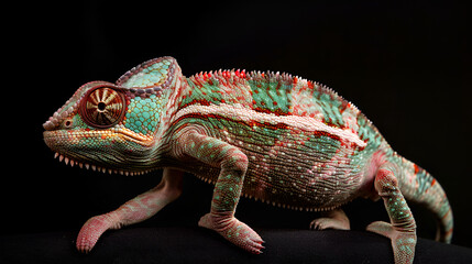 Fototapeta premium Vibrant close-up of a chameleon blending into the black background with its textured skin and vivid colors, highlighting the beauty of reptile camouflage and nature's artistry