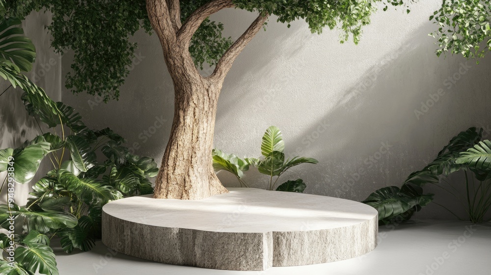 Aufkleber podium backdrop featuring a tree trunk as a support element illustrating a natural theme 3d renderin