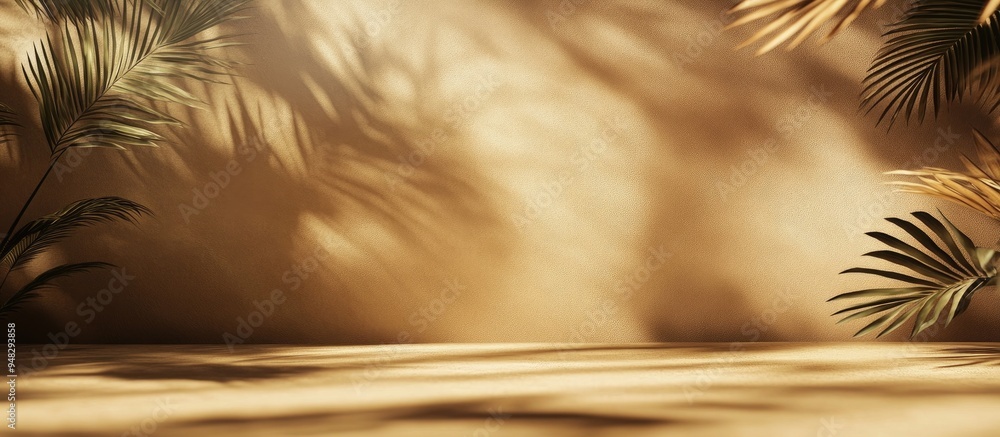 Poster empty brown and beige studio space featuring leaf shadows suitable for product presentations seasona