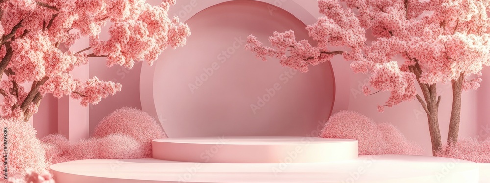 Poster Minimalist 3D podium set against a pink tree backdrop ideal for product showcasing Nature inspired environment featuring soft pastel hues and an unoccupied podium 3D rendering