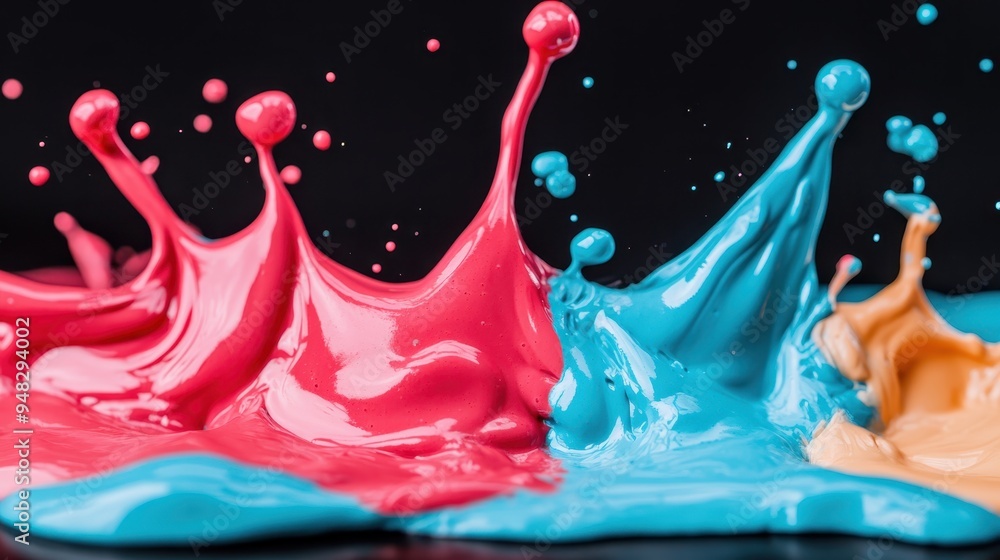 Poster dynamic image displaying vibrant splashes of red, blue, and yellow paint against a black background,
