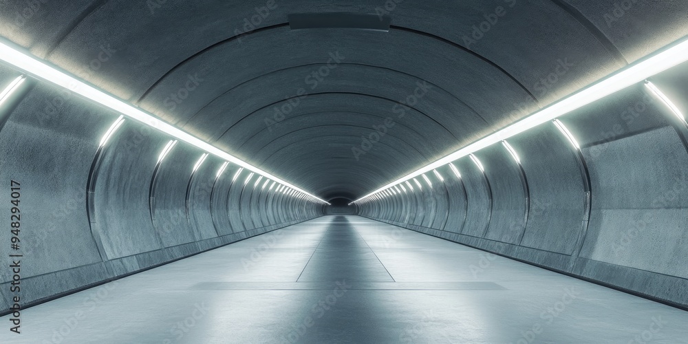 Poster futuristic illuminated lamps in a gray tunnel interior 3d rendering