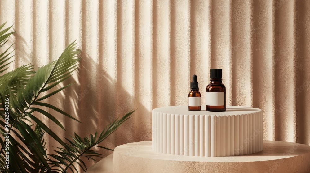 Poster Mediterranean inspired product presentation mockup featuring essential oil and a white terracotta podium against a flute pattern background Each element is included in the design 3D rendering illu