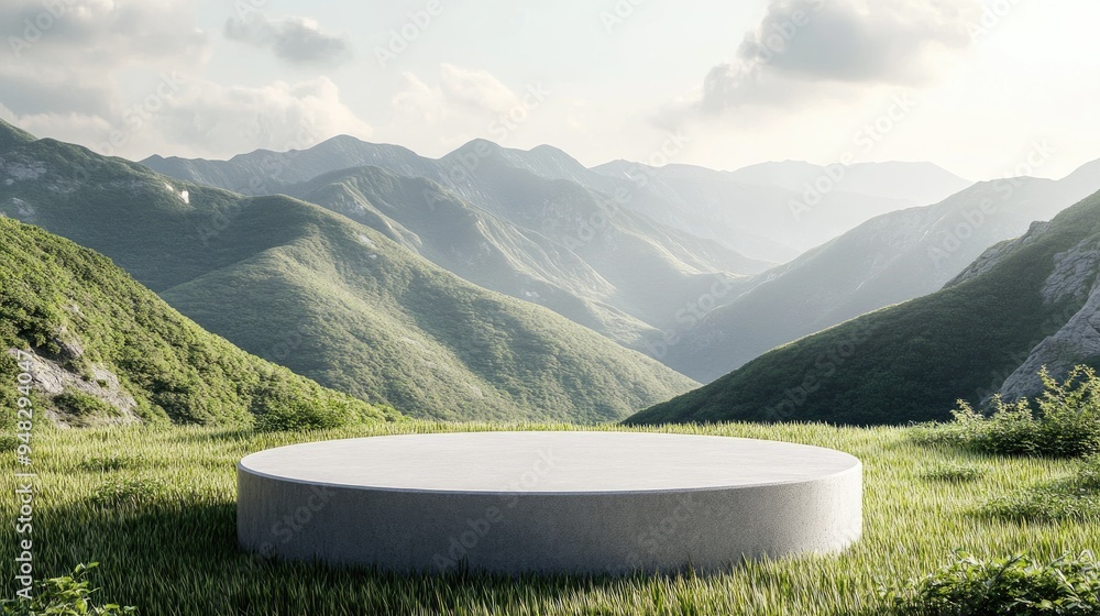 Poster abstract natural landscape featuring a podium for product presentation set against a grassy mountain