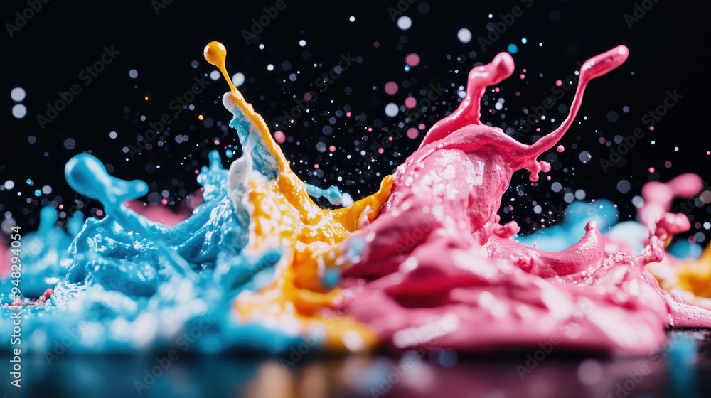 Poster intense visual of colorful paint splashes, including blue, yellow, and pink, colliding dynamically o