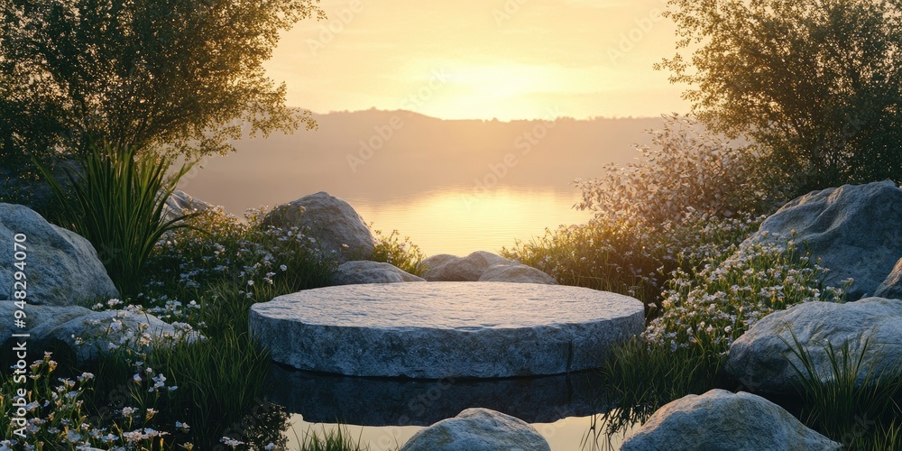 Poster abstract 3d rendered silhouette scene with a natural podium backdrop featuring a stone podium by a b