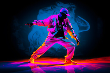 Man in bright clothes dancing hip-hop isolated on dark background in mixed neon light