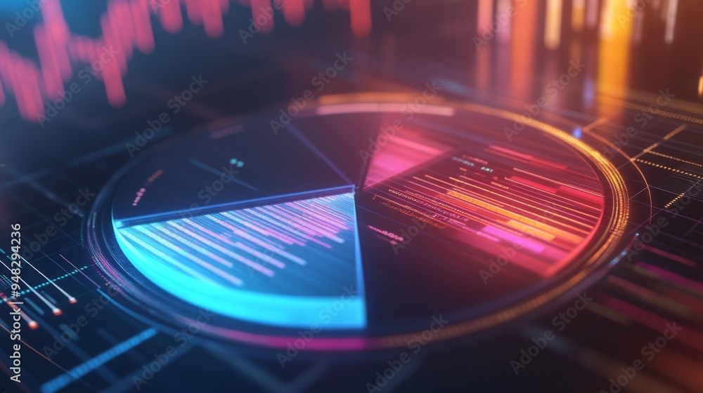 Poster A close-up of a 3D pie chart on a digital screen, with dynamic shadows and highlights emphasizing the data segments and their relative sizes