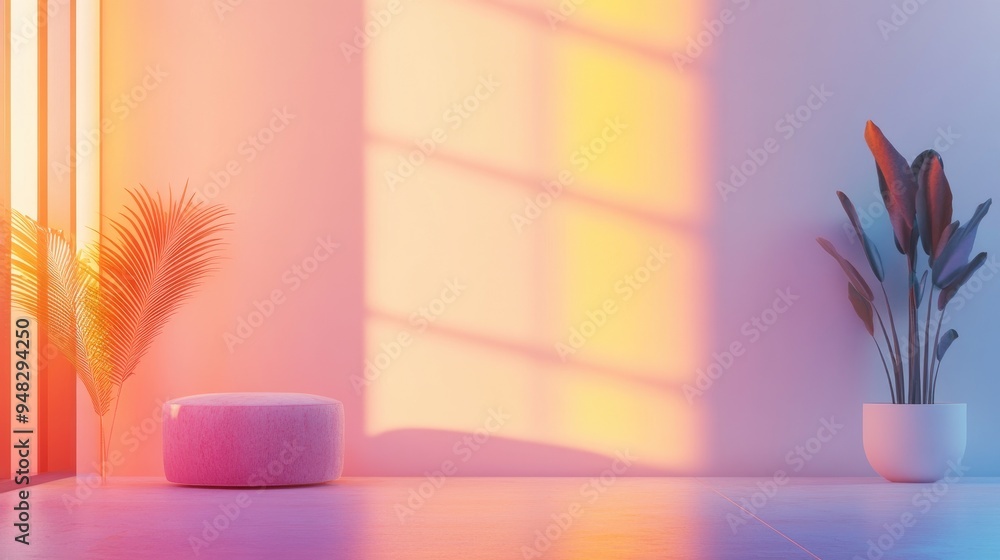 Poster dynamic interior featuring smooth colorful gradient objects set within a warm toned environment 3d i