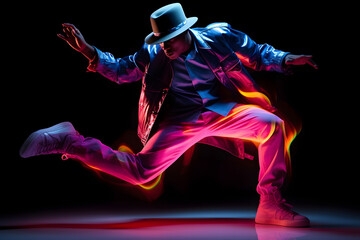 Man in bright clothes dancing hip-hop isolated on dark background in mixed neon light
