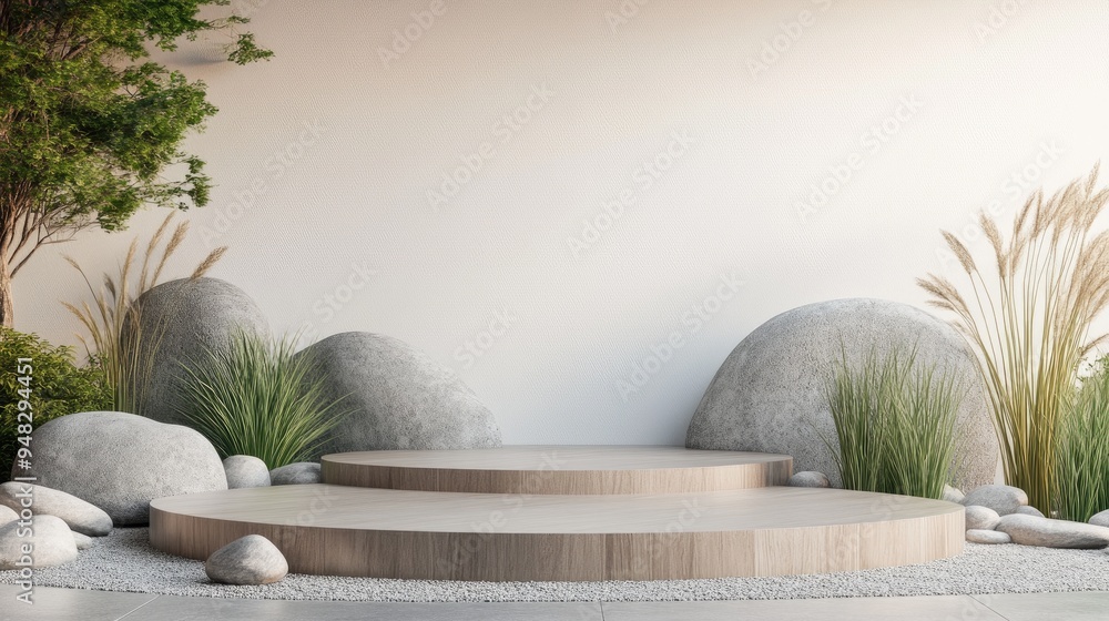 Aufkleber Product display podium featuring an abstract backdrop with stones and grass elements 3D rendering