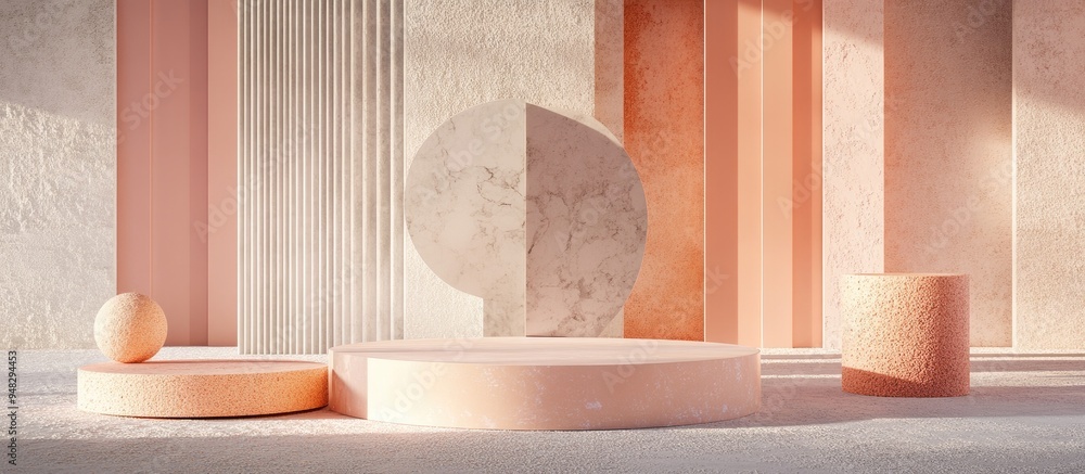 Poster Minimalist composition featuring a podium against an abstract backdrop Geometric shapes in pastel hues 3D rendering showcasing geometric forms and a textured background suitable for showcasing cos