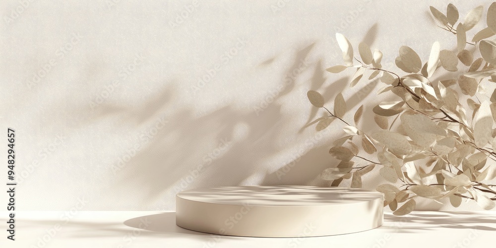 Poster product presentation pedestal featuring shadowed natural leaves on a light background 3d rendering