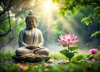 Serene Buddha statue sits in tranquil contemplation atop a delicate lotus flower, surrounded by lush greenery, exuding peace and harmony in a natural setting.