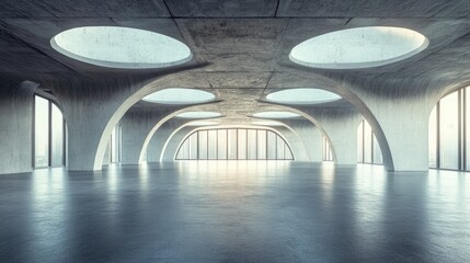 Obraz premium Abstract contemporary architectural backdrop featuring a spacious unoccupied interior 3D visualization