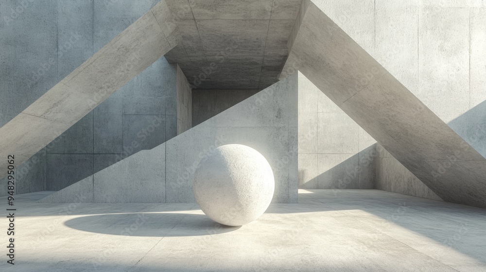 Aufkleber Abstract interior background featuring a concrete space with a geometric arrangement of cubes and a sphere showcasing minimalistic architecture through 3D rendering