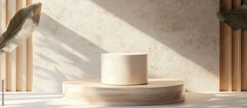 Poster cream cylinder on a circular geometric podium with a brown wood texture in a 3d rendering