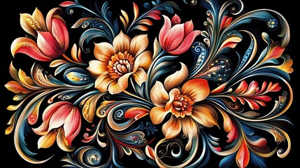  Beautiful traditional Russian floral pattern featuring tulips and intricate flowers, illustrated in a vector style with paper quilling art design on a black background. The detailed ornamentation hig