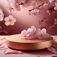Close-up of round podium textured with cherry blossom petals.