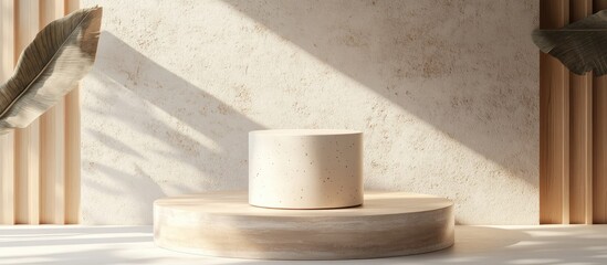 Cream cylinder on a circular geometric podium with a brown wood texture in a 3D rendering