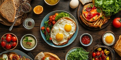A hearty breakfast layout featuring sunny-side-up eggs, bread slices, vegetables, and various condiments with a rustic touch.