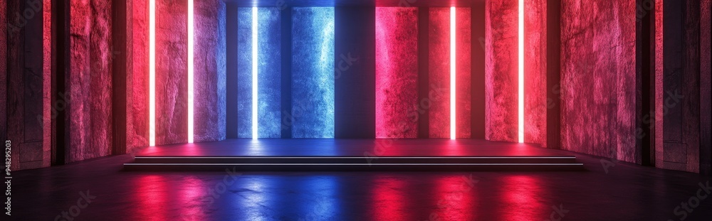 Poster empty stage featuring an ornate background of red and white granite walls 3d rendering