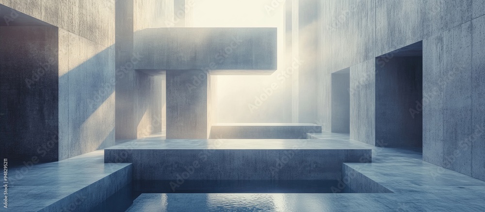 Poster Abstract architectural space featuring a concrete cube Geometric design 3D rendering