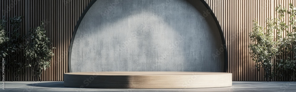 Aufkleber grey wall with concrete arch in a 3d rendered empty scene featuring a wooden texture podium amidst a
