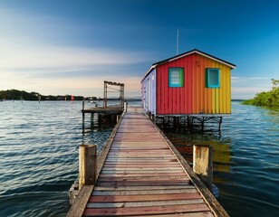 Fototapeta premium Close-up of weathered dock leading to a colorful floating house.
