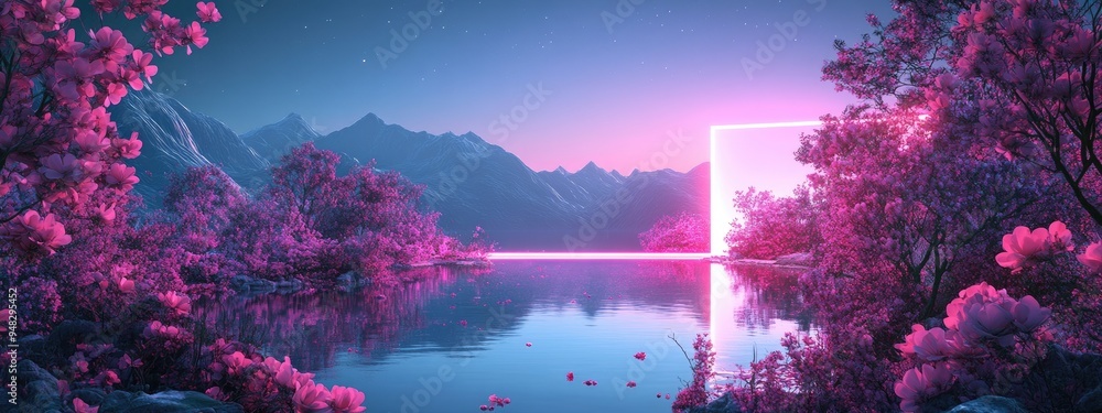 Poster Abstract landscape scene depicting spring and summer with geometric shapes featuring a lake and floral elements 3D rendering