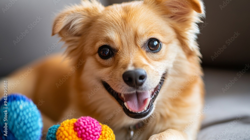 Poster a close-up of a cute dog with a happy expression, playing with a colorful toy, emphasizing its joyfu