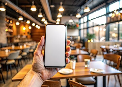 Empty smartphone screen in a hand, ready for customization, at a casual restaurant setting, perfect for showcasing food ordering or delivery app interfaces.