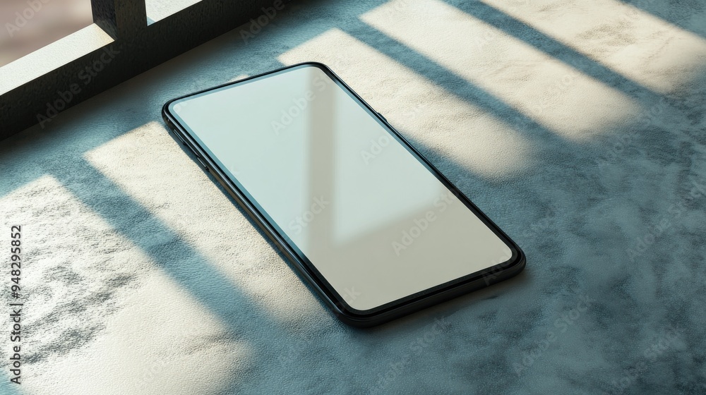 Aufkleber Close up of an empty smartphone on a desktop with a textured background and shadows ideal for mock up presentations 3D rendering