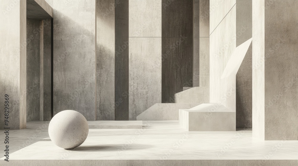 Poster Abstract interior background featuring a concrete space with a geometric arrangement of cubes and a sphere showcasing minimalistic architecture through 3D rendering