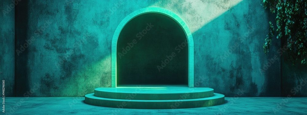 Poster 3d scene featuring a green podium set against a square textured arch and wall backdrop