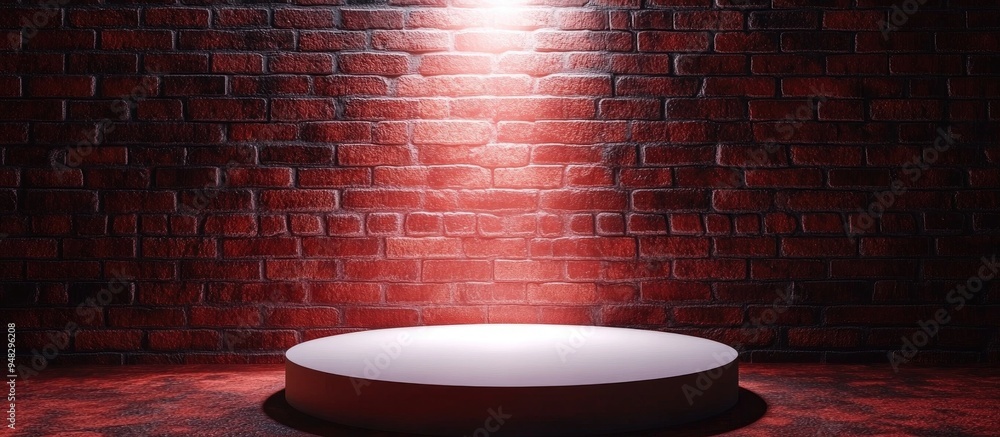 Poster white podium illuminated by spotlight against a textured red brick wall background 3d rendering