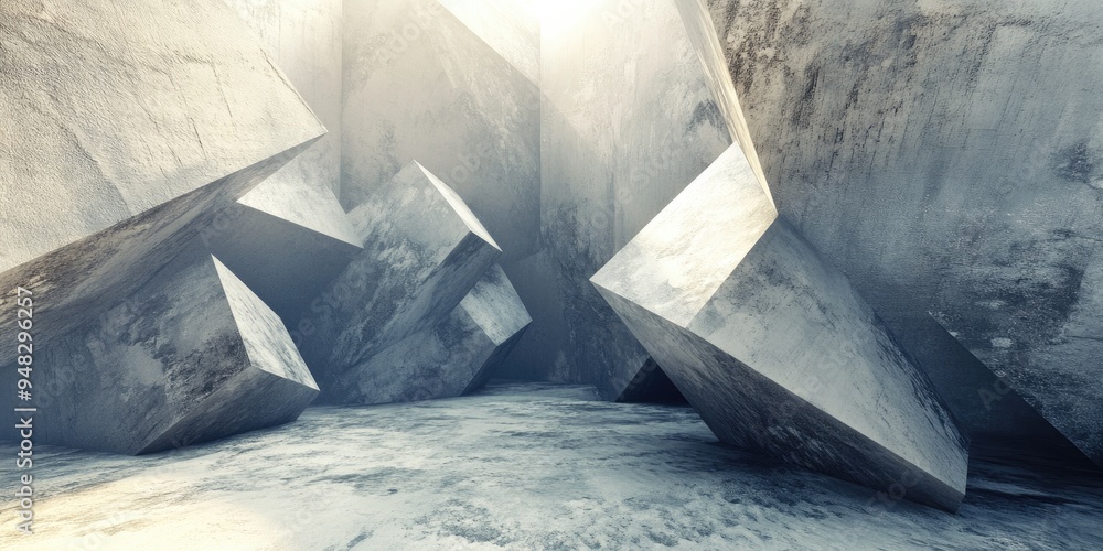 Poster Empty terrain featuring a creative geometric structure background rendered in 3D Digital artwork