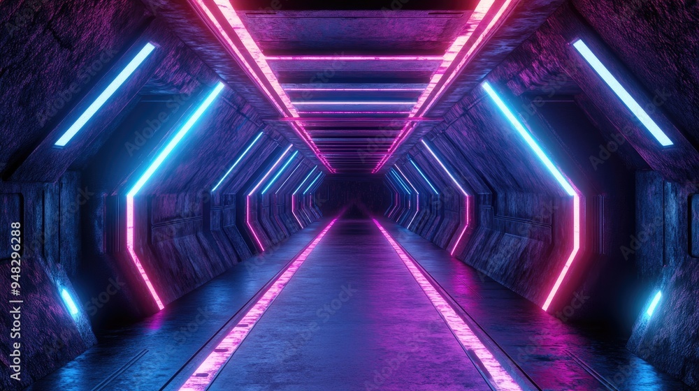 Aufkleber Vivid Alien Spaceship with Neon Lasers in a Cyberpunk Stage Setting Featuring a Glowing Tunnel Corridor in a Realistic Sci Fi Futuristic Dark Concrete Grunge Environment 3D Rendering Illustration