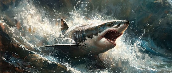 Fototapeta premium Intense depiction of a great white shark mid-attack, jaws wide open in a turbulent ocean scene.