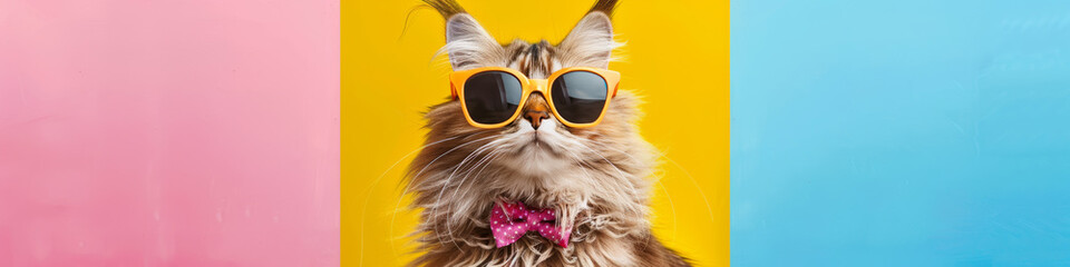 Summer portrait of a fluffy cat in sunglasses on a bright multi-colored background.