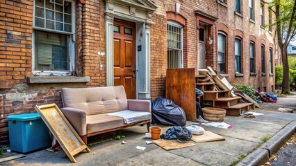 Abandoned furniture and personal belongings litter the sidewalk in front of a worn, old apartment building with a visible eviction notice on the door.
