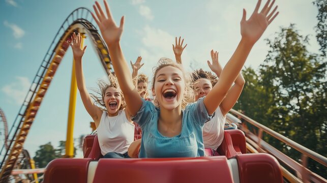 Joyful children experiencing excitement on a roller coaster in an amusement park on a sunny day